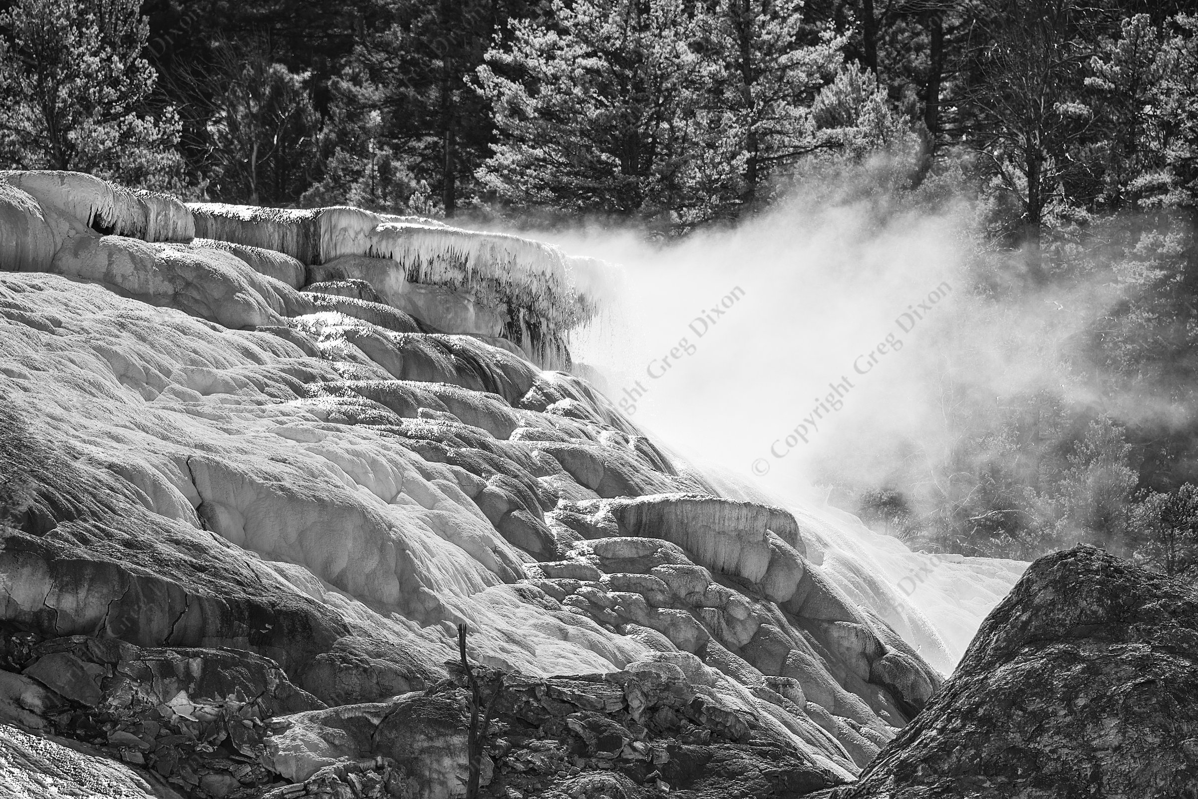"Mammoth Falls"  Yellowstone National Park  Mammoth Hot Springs | Near boiling water spills over the mineral mountain of Mammoth Hot Springs on Monday, May 27, 2013 in Yellowstone National Park | Signature Edition Print by Greg Dixon | B&W Digital Photograph
